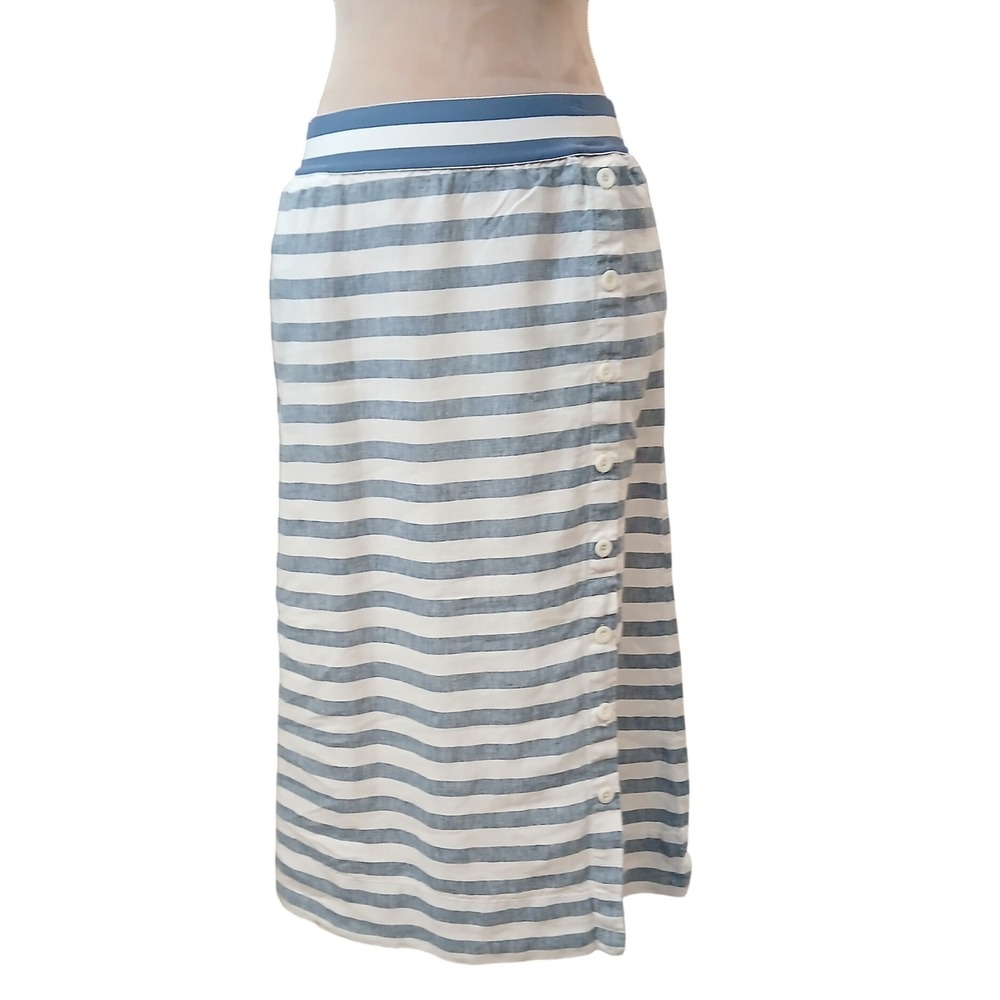 J Jill Love Linen Striped Midi Skirt Button Side Petite Small Blue White